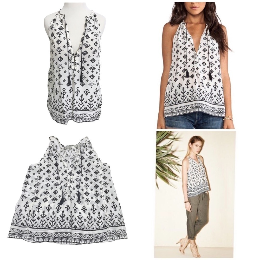 Joie Eniko 100% Silk Halter Tank Top S Black White Cross Stitch Motif Tassel Tie